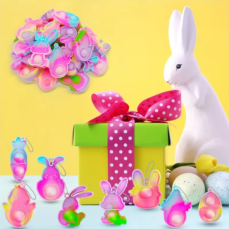10/20Pcs Mini Pop Keychain Easter Rabbit Carrot Egg Ornaments Easter Party Basket Stuffers Kids Boy Girl Birthday Party Favors