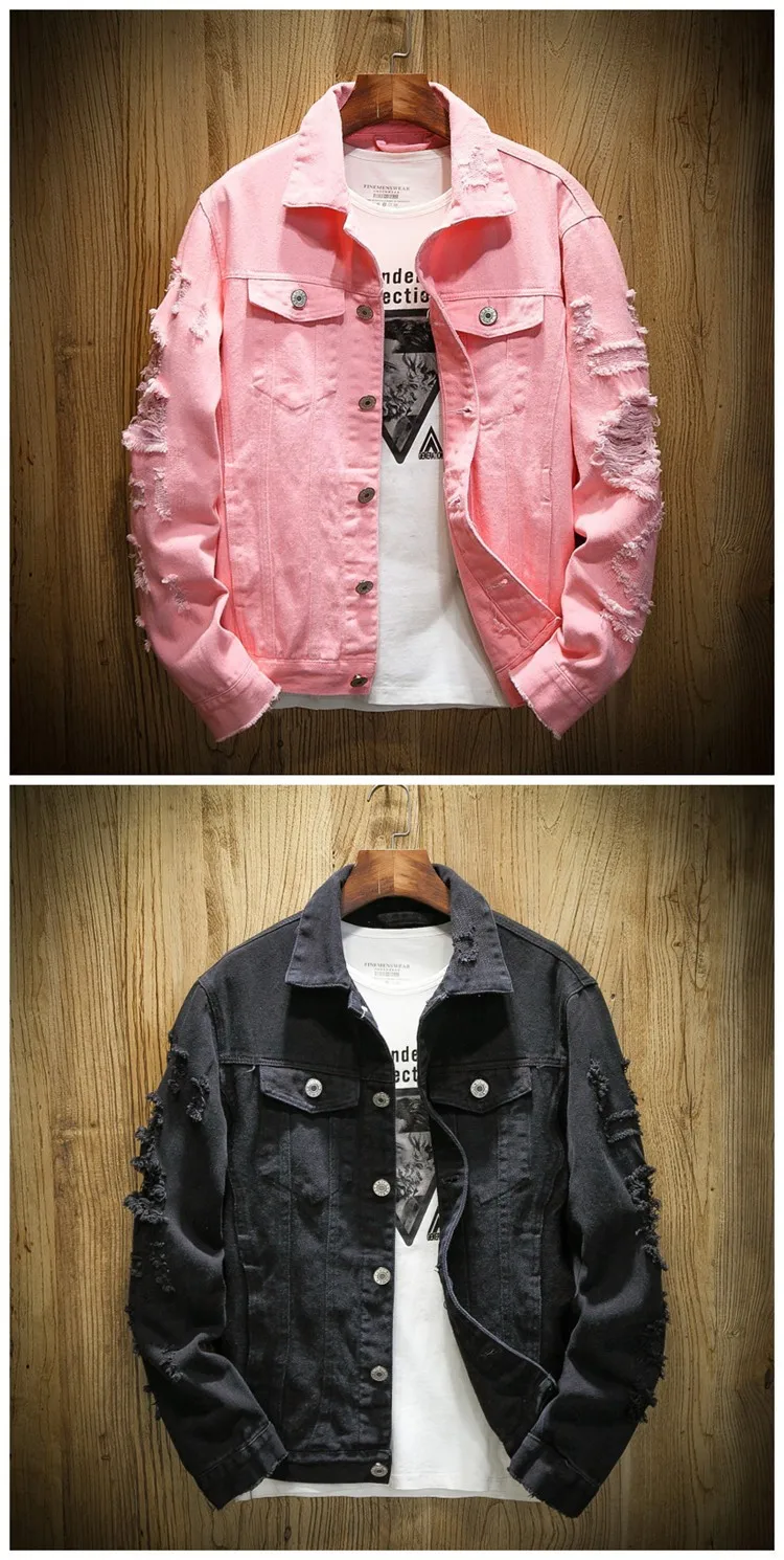 M- 5XL Fashion Brand Denim Jacket Men Ripped Holes Mens Pink black Jean  Jackets Garment Washed Mens Denim Coat - AliExpress