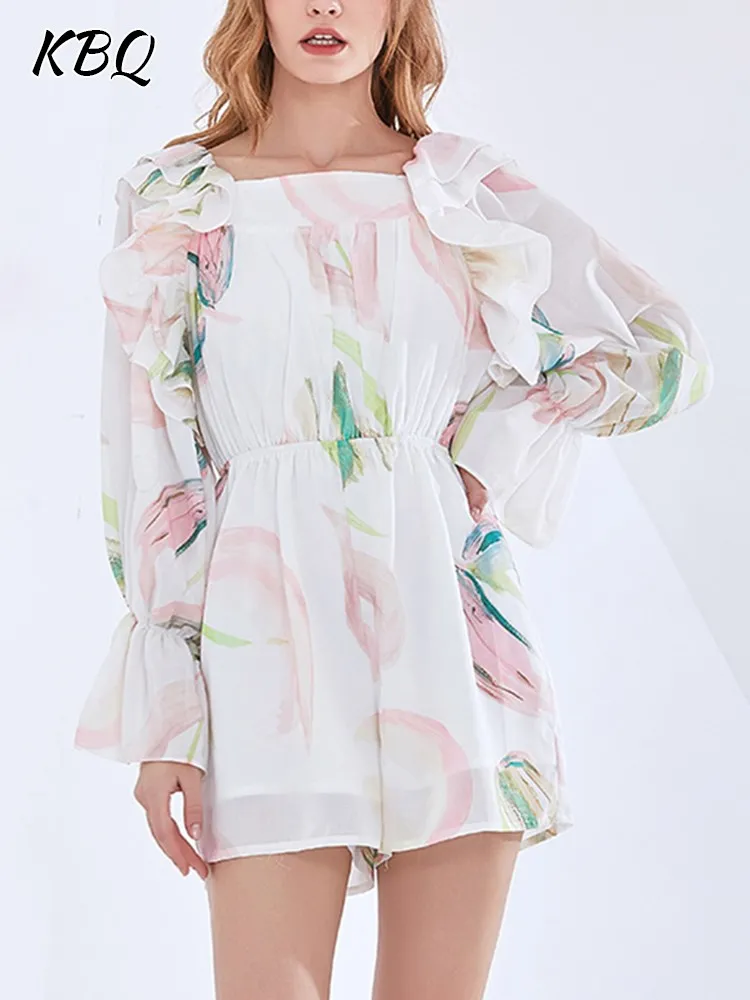 KBQ-Print Spliced Ruffles Playsuits for Women, Square Collar, Long Sleeve, High Waist,Casual Folds,Sheer Playsuits,Female Summer
