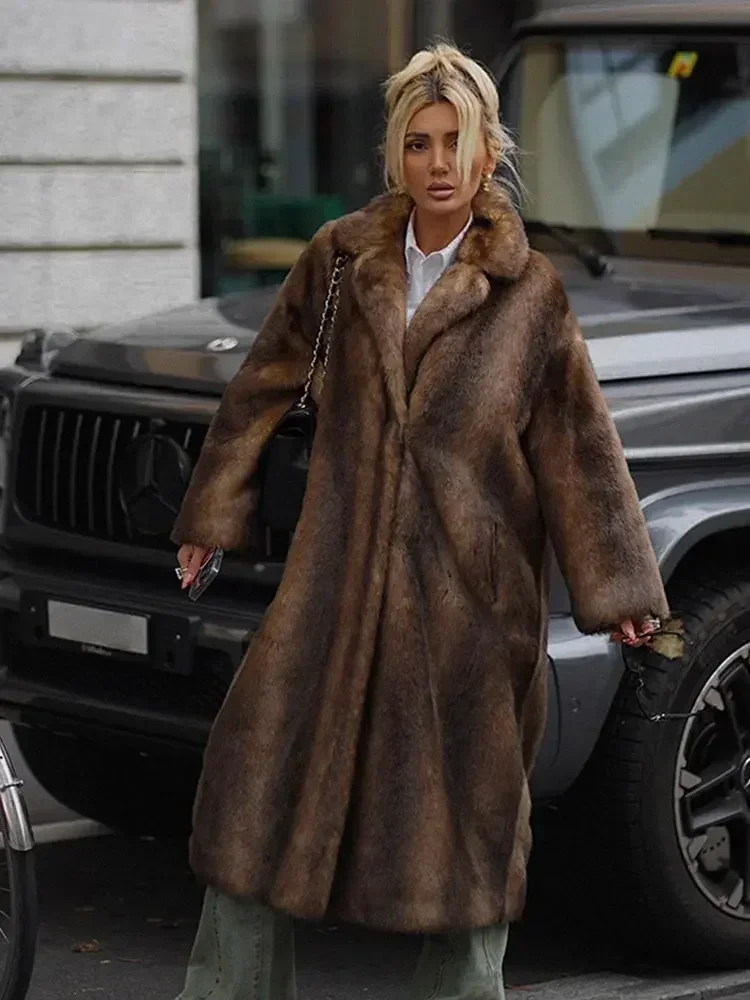 Women's Warm  Faux Fur Long Overcoat Single Breasted Fleece Long Trench Coat Winter Lady Fluffy Plush New Thicken Outerwear 2