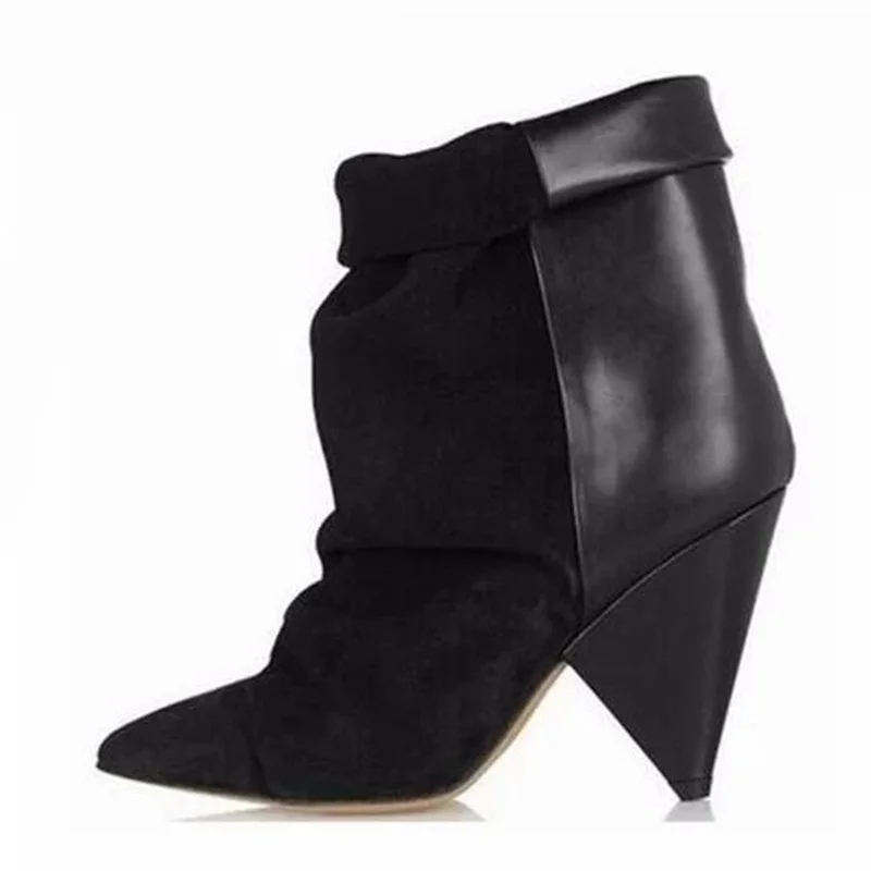 

Sexy Black Pleated Ankle Boots for Women Spike High Heel Boots Fold Over Pointed Toe Autumn Winter Botas Mujer Wedge Shoes Woman