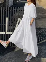 Elegant Solid Dress Women Summer Sundress ZANZEA 2023 Casual Short Sleeve Maxi Vestidos Female O Neck Robe Femme Oversized - Image 3