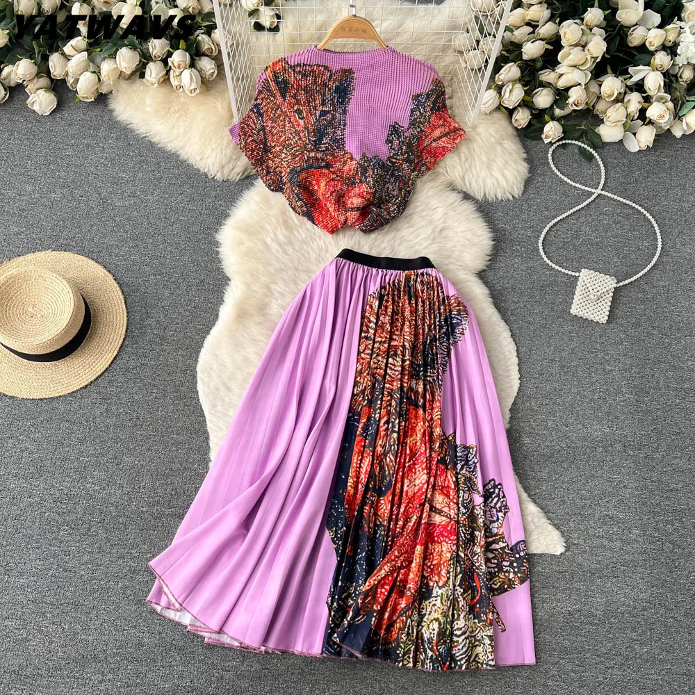 

Casual 2 Piece Set High Stretchy Pleated Pullovers Tops + Midi Skirts Suits Runway Summer Streetwear Set Women Matching Outfits