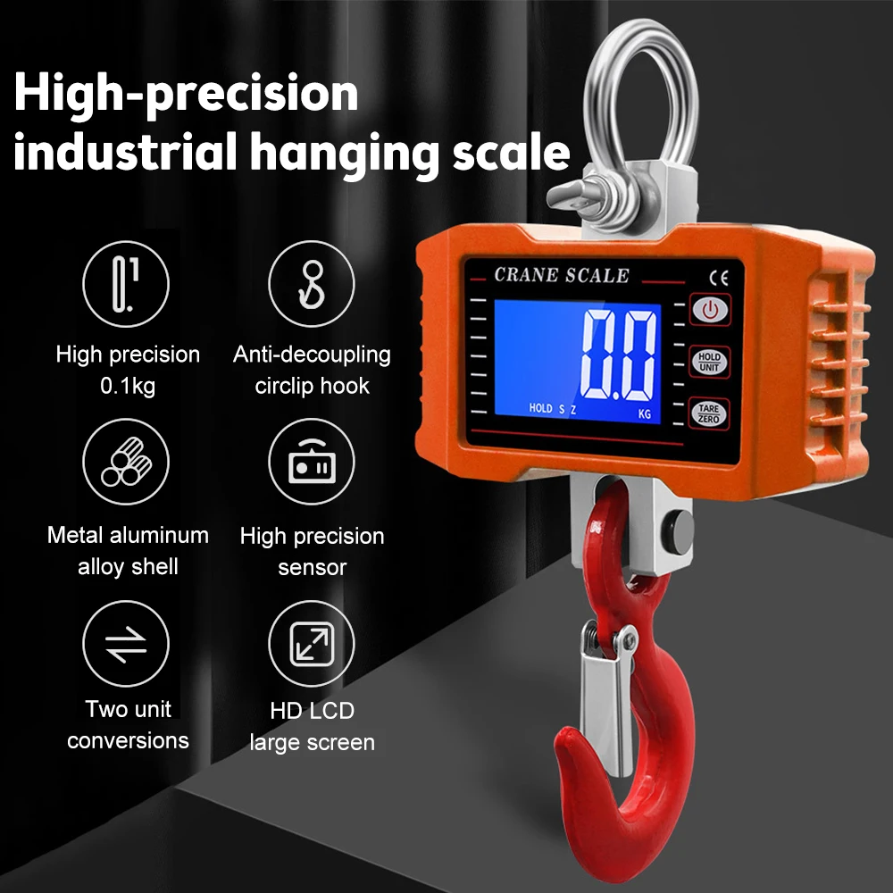 

Digital Hanging Scale 1000kg/ 2204lbs Portable Heavy Duty Crane Scale LCD Backlight Industrial Hook Scales Unit Change/Data Hold