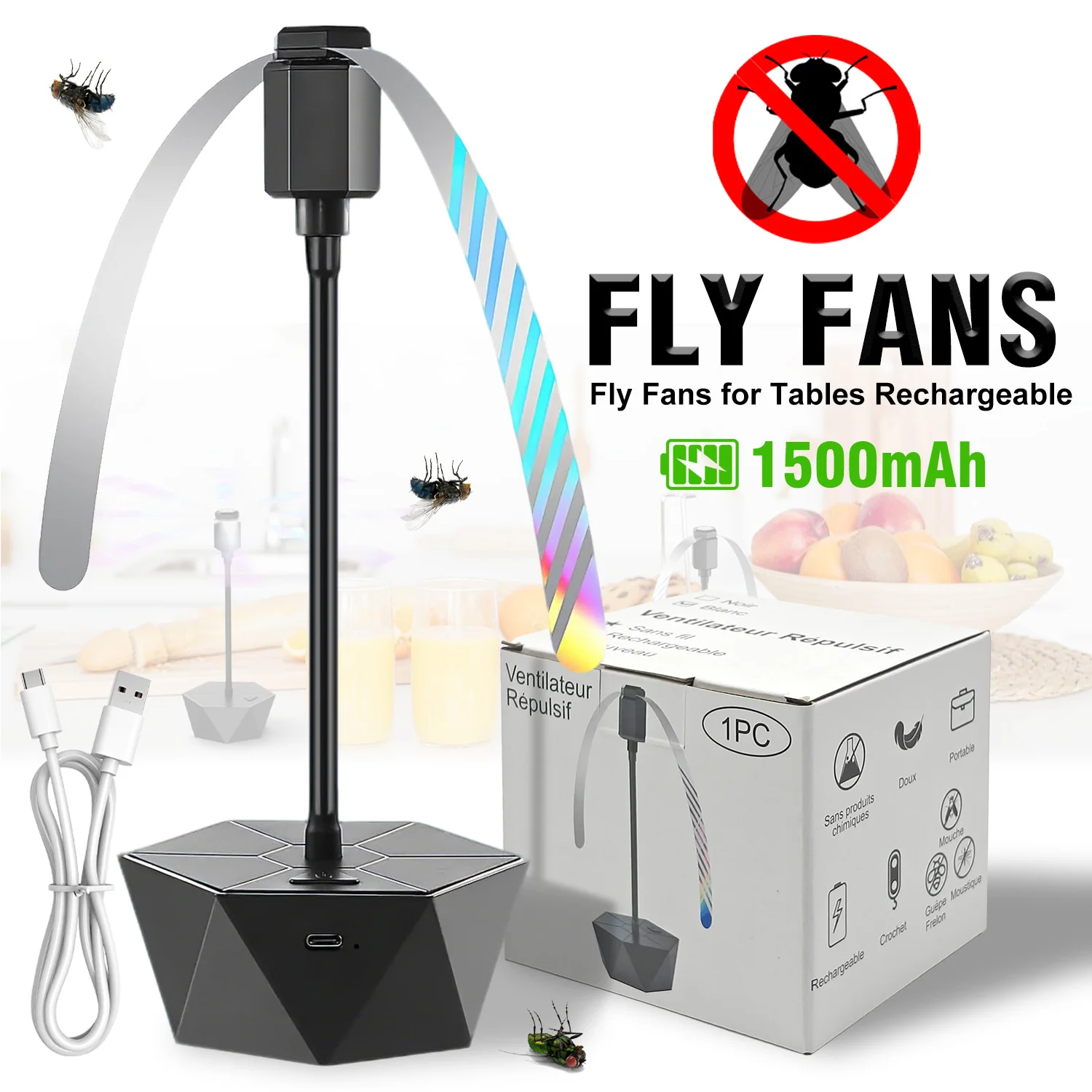 Wiederaufladbarer Fliegenventilator für Tische - Holographische Rotorblätter halten Fliegen fern, für drinnen/draußen, ideal für Picknick, Party & Grillen
