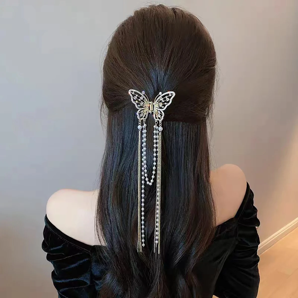 Hair Clip Super Fairy Butterfly Tassel Hollow Pearl Rhinestone Back Of The Head Shark Clip Temperament Headgear Gifts