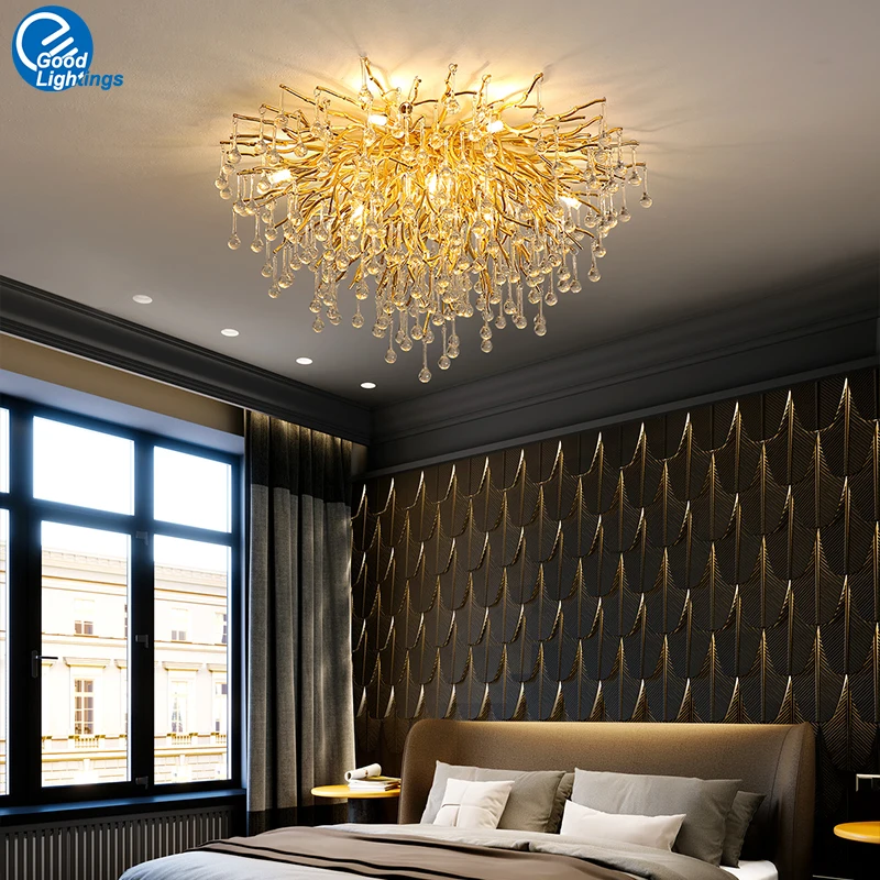 Luxury Crystal Teardrop Ceiling Chandelier Lights Gold For Living Room Dining Room Bedroom Kitchen Branch Ceiling Chandeliers