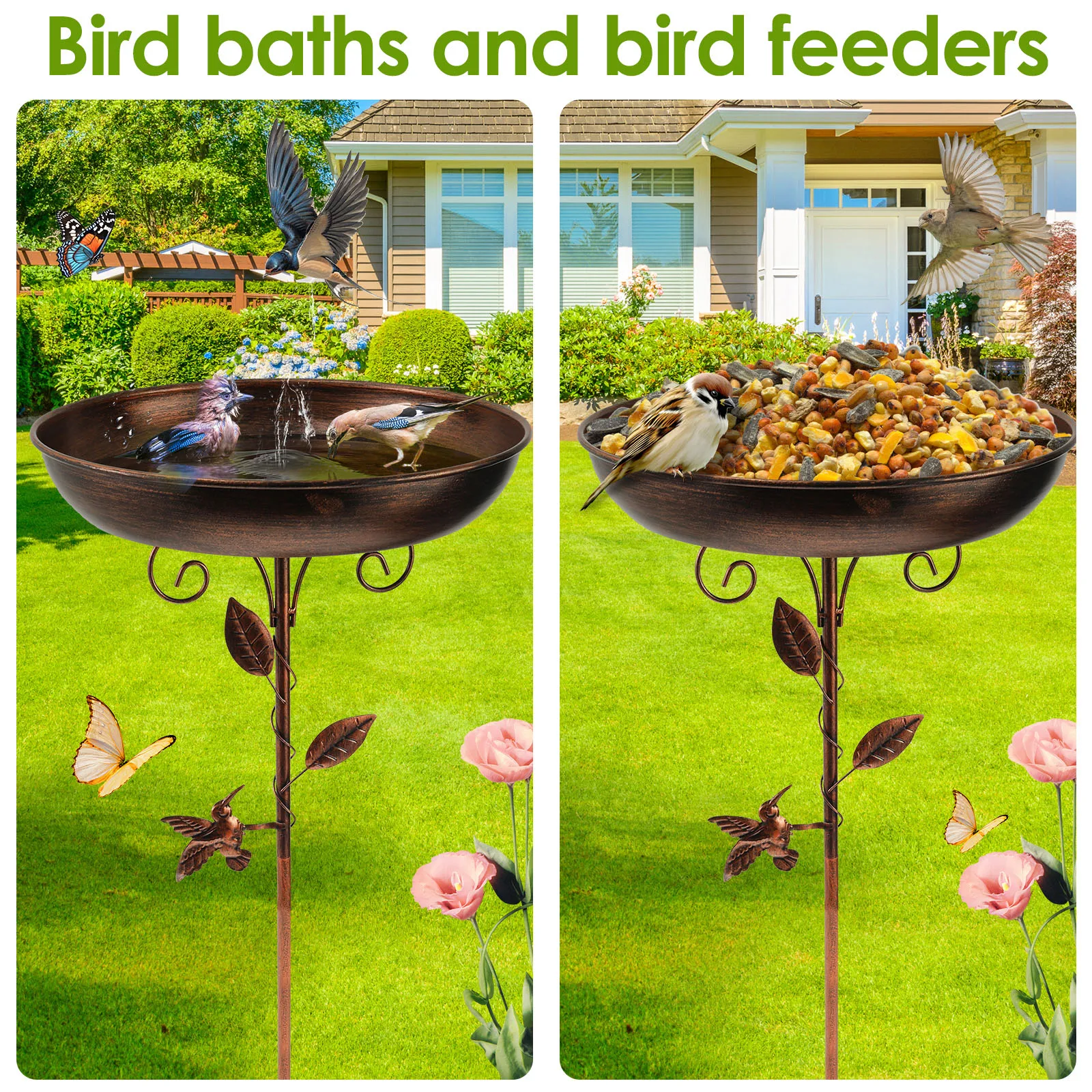 Metal Bird Bath 32 Inches Iron Bird Feeder Freestanding Vintage Birdbath Ground Stake Outdoor Garden Patio Yard Lawn