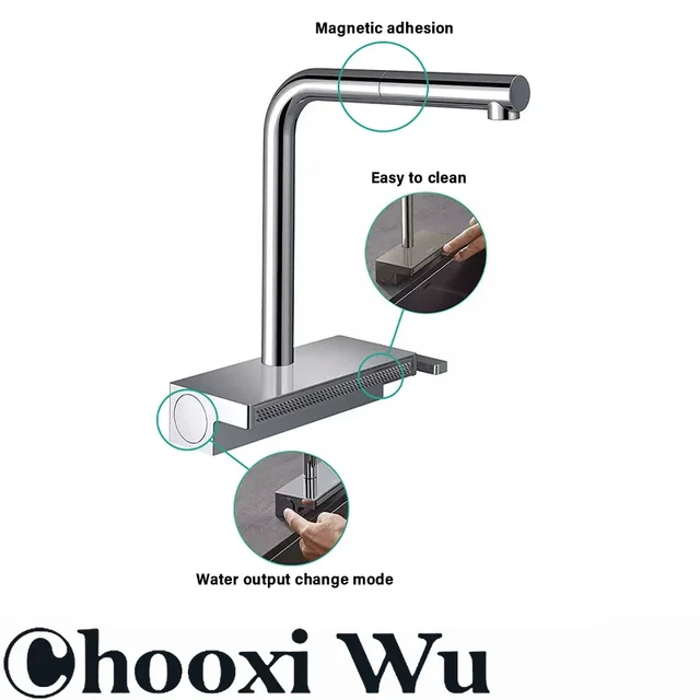 CHOOXIWU - ก๊อกน้ําน้ําตกท่อระบายน้ําสีเทา Telescopic Multi-Function อ่างล้างจานร้อนและเย็นหมุนได้ปืน 4