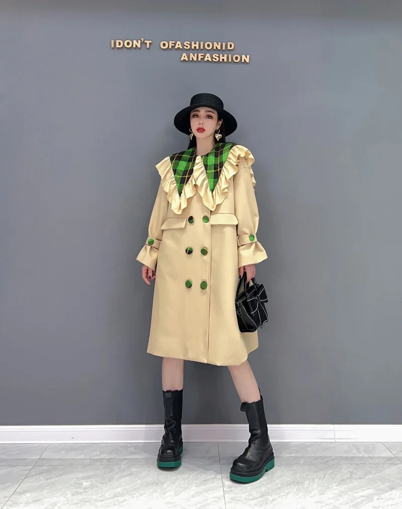 long duvet coat Vefadisa 2022 Spring Autumn The New Large Size Windbreaker Fashion Mid-length Doll Collar Double Breasted Coat Yellow LHX119 long down puffer coat