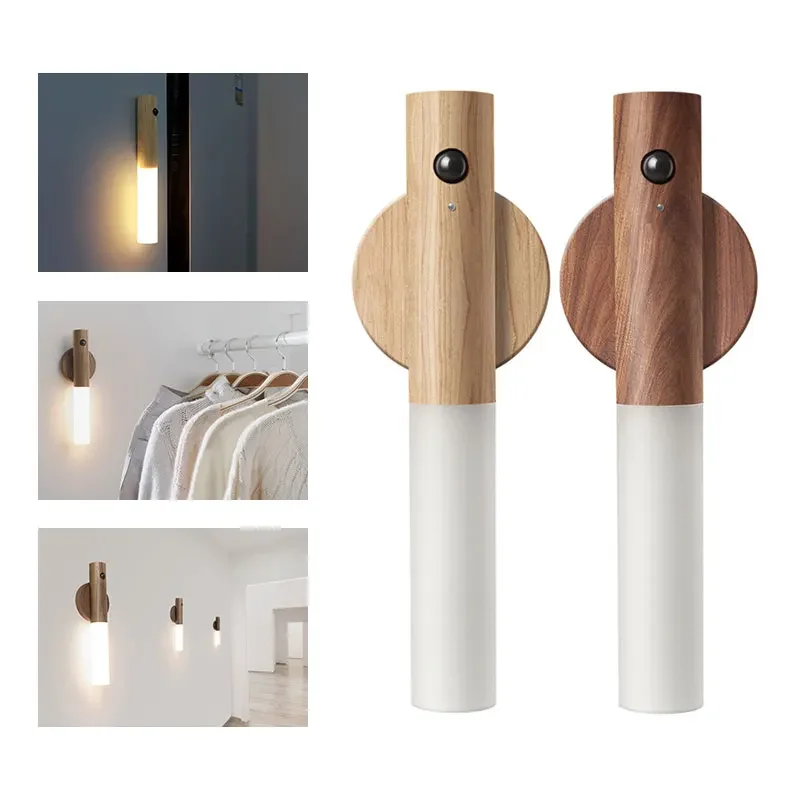 Human body induction small LED night light USB charging hallway induction light closet Imitation wood art led night light