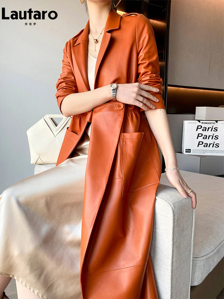 Lautaro Spring Autumn Long Orange Soft Faux Leather Coat Women Pockets Elegant Stylish Luxury Designer Clothes New Arrival 2022