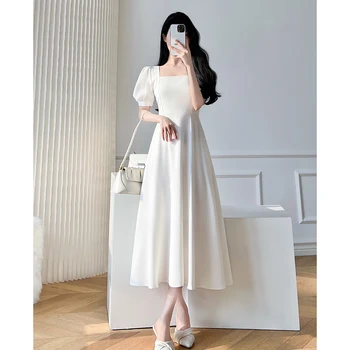 Retro women's long dress party ball bubble sleeves square collar temperament slim fit long dress summer clothing 1