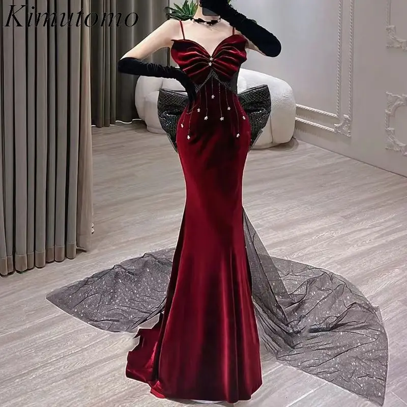 

Kimutomo обручальные платья в стиле Хепберн с бабочкой и высокой талией, платье красного вина, корейское Сетчатое лоскутное Макси-Платье С Блестками