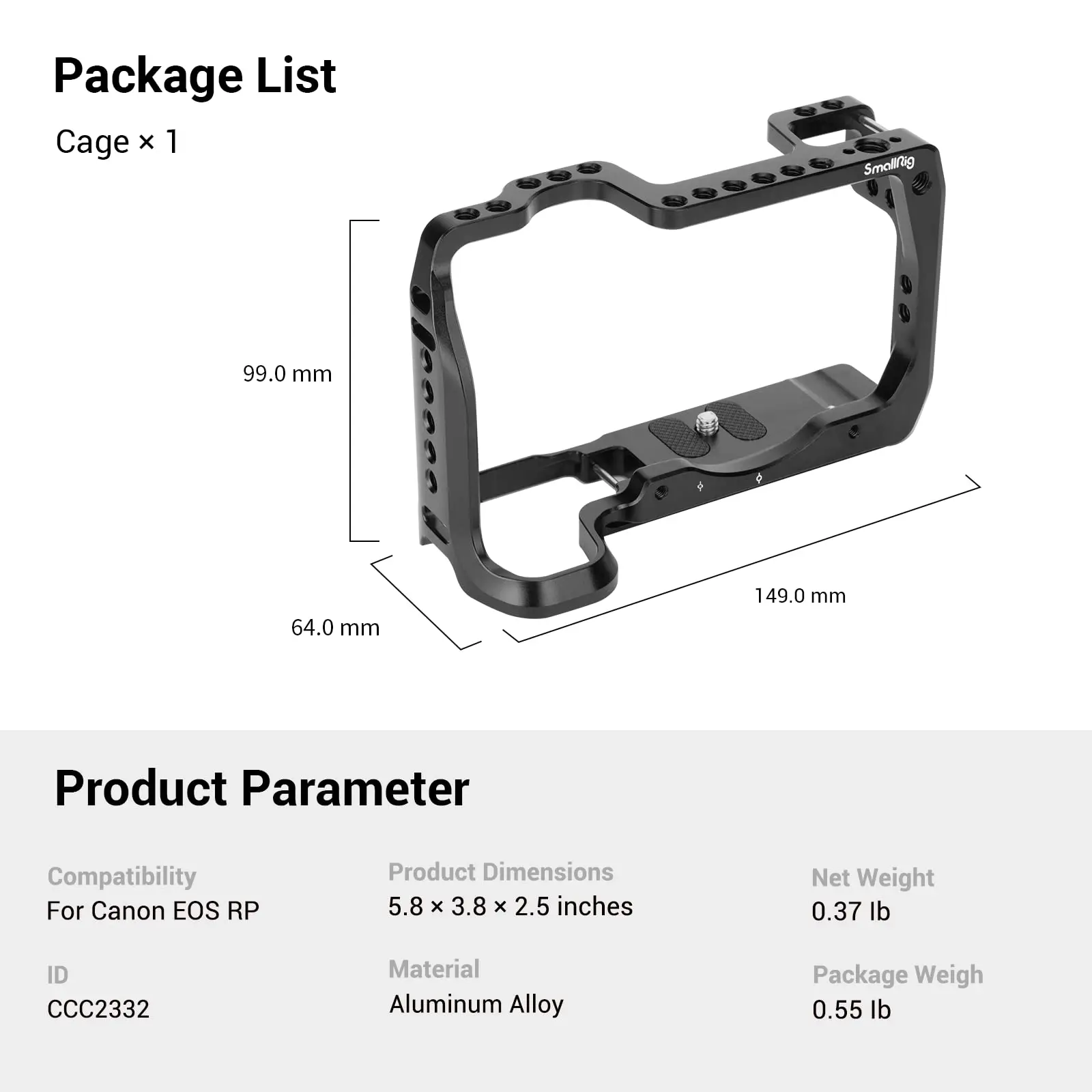 SmallRig カメラケージ Canon EOS RP 用 1/4''-20 & 3/8''-16