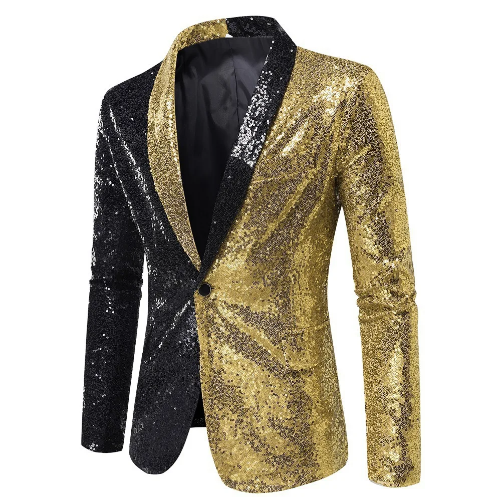 

Bar Nightclub Male Singer Splice Color Blazer Coat Gold Black Sequins Glitter Stage Tuxedo Banquet Party Host Chorus Costume