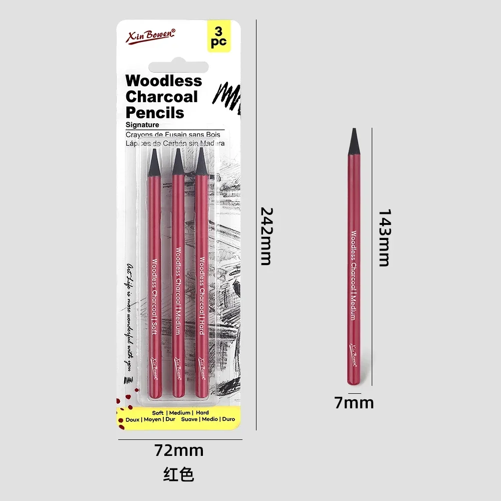 3Pcs Artists Woodless Charcoal Pencil Set,Soft Medium Hard Non-wood Graphite Charcoal Pencil for Drawing Sketching Art Supplies 3