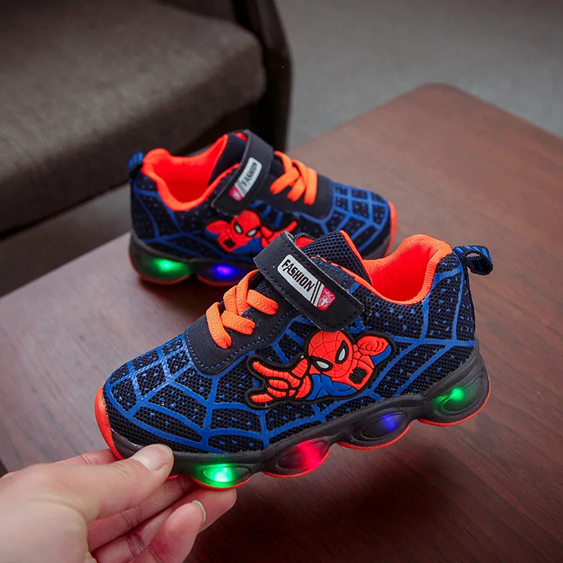 Kids LED Lighting Shoes Boy Superhero Lighting Shoes Girls Running Shoes Baby Single Sneakers Mesh Size 21-36