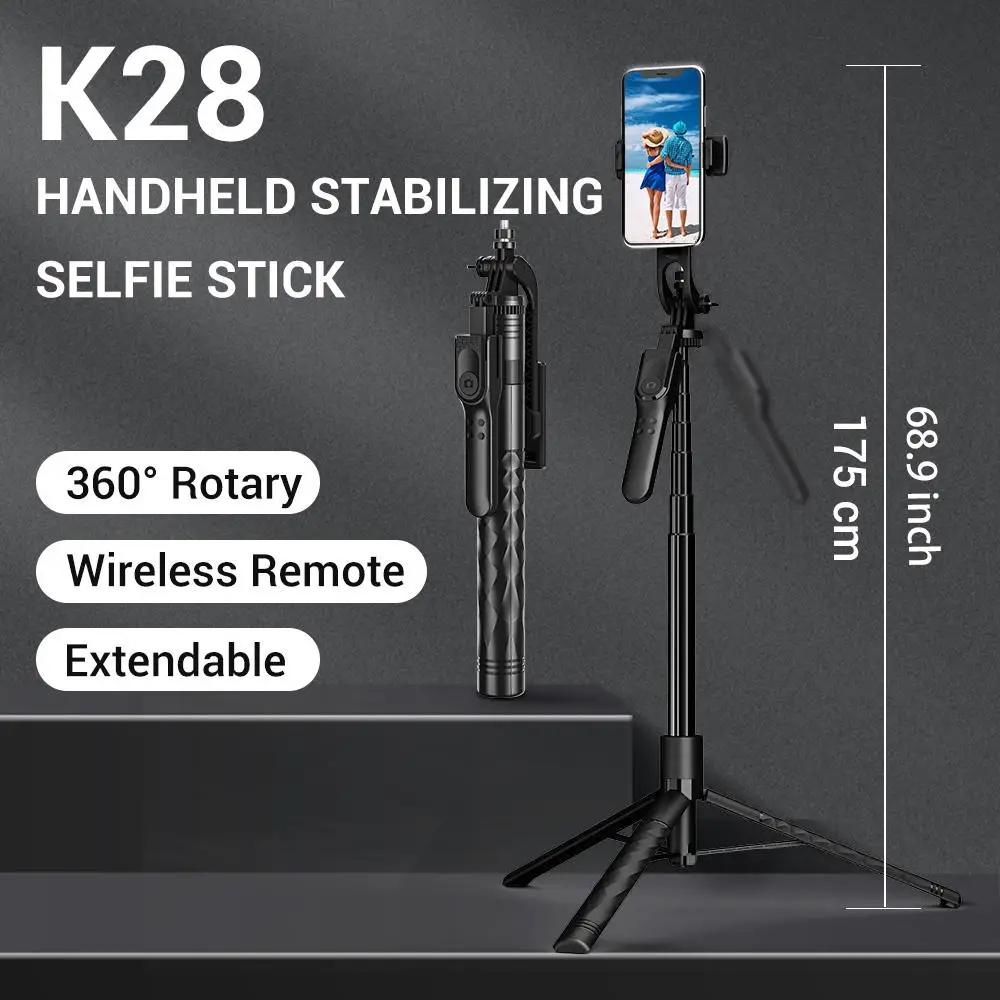 K28 Selfie Stick Tripod Extendable with Wireless Remote Floor Live Broadcast Bracket Handheld Stabilizer Selfie Stick Tripod