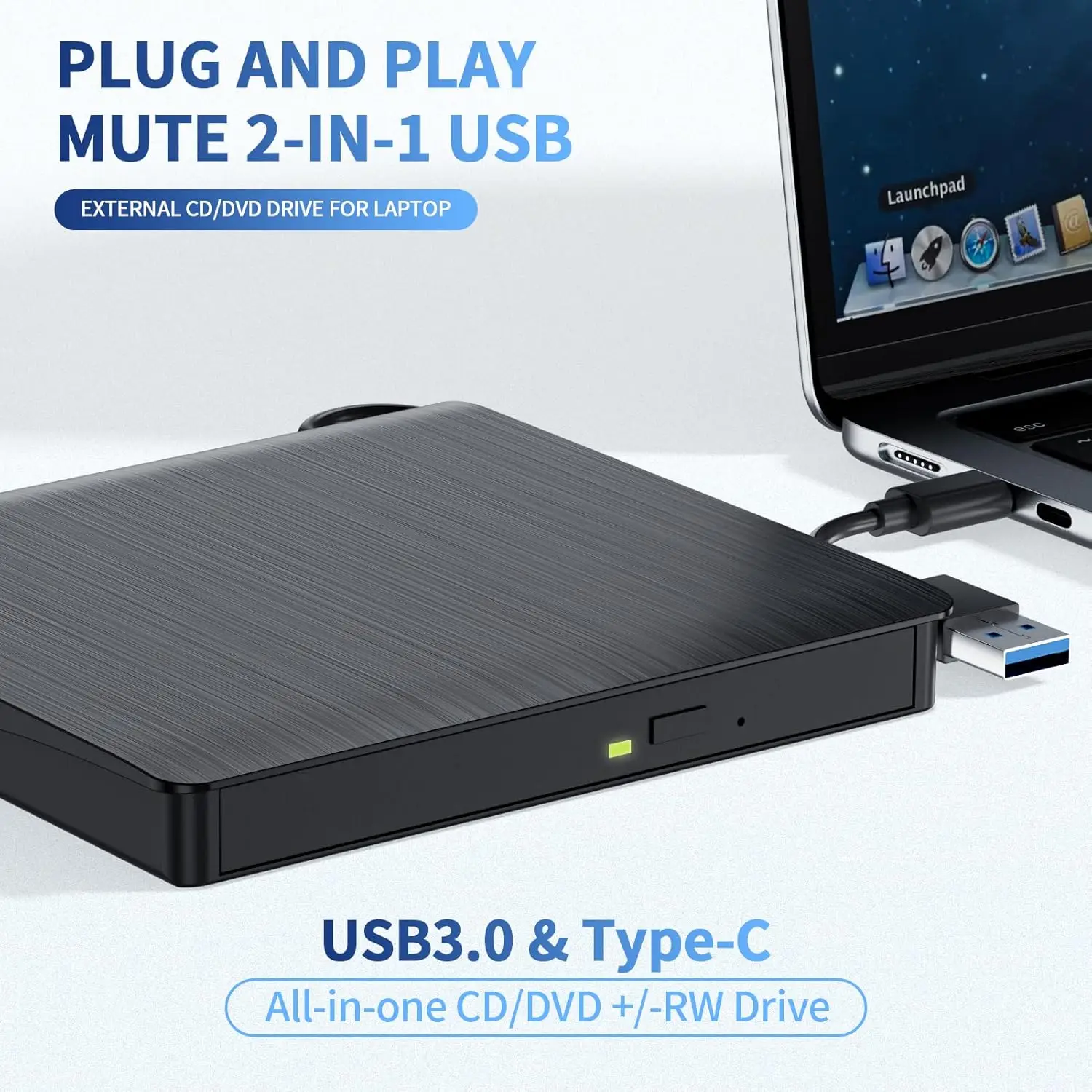 External DVD CD drive for laptop PC USB 3.0 Type-C CD burner portable +/-RW drive DVD player for ROM rewriter burner recorder