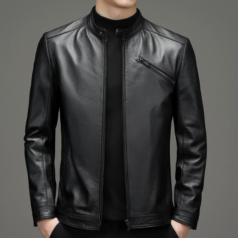 

New Men's Business Simple Slim-fit Gentleman British Style Casual Fashion Stand-up Collar Cofskin Jacket Dermis Leather Jacket