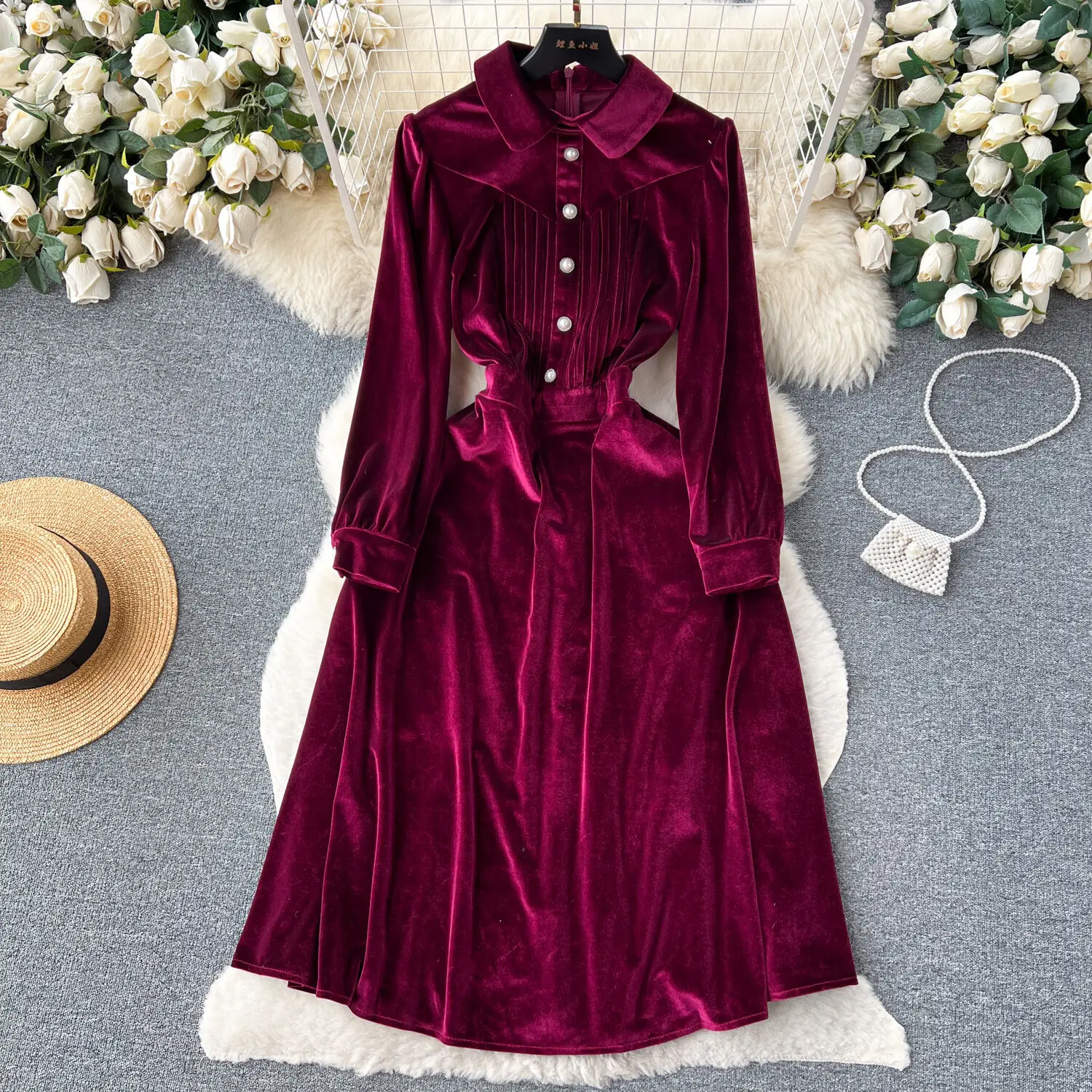 

Sexy Bodycon Lapel Single Breasted Long Sleeve Velvet Dress Chic Elegant Vestidos Vintage Autumn Women Fashion A-line Dress