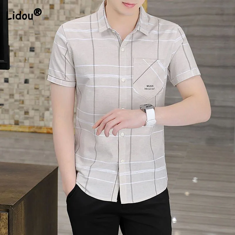 Trend All-match Polo-Neck Plaid Shirt Male Clothes Summer New Short Sleeve Fashion Comfortable Single-breasted Shirts for Men