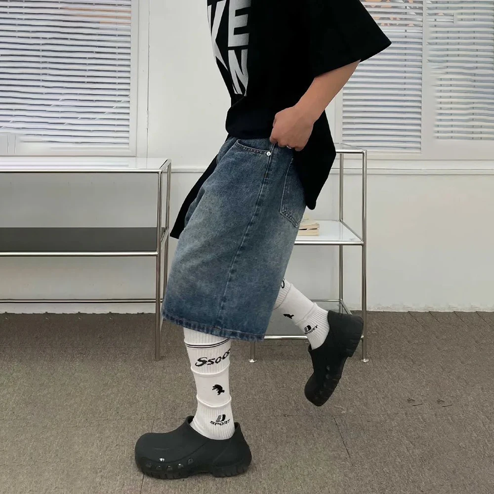 2024 Summer Simple Large Size Loose Washed Jeans Men's Y2k High Street Sports Retro Casual Five-point Pants Design Trendy Shorts