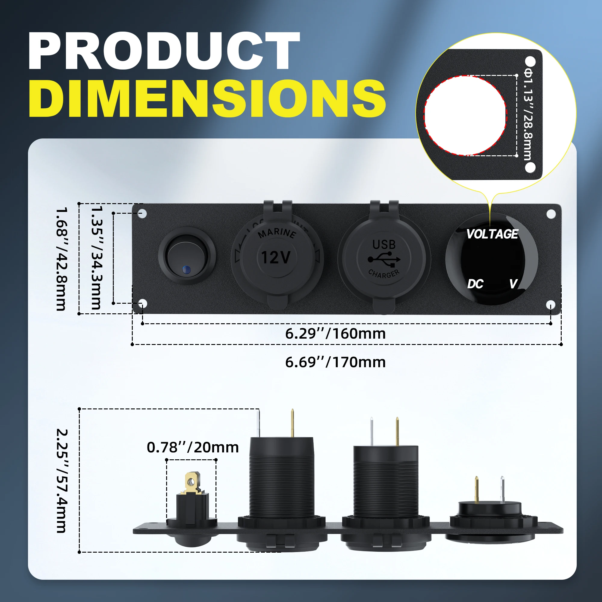 4 in 1 12V USB 패널(LED 전압계, 듀얼 USB 충전 소켓, 전원 및 시가 라이터 소켓, LED 조명 토글 스위치 포함)