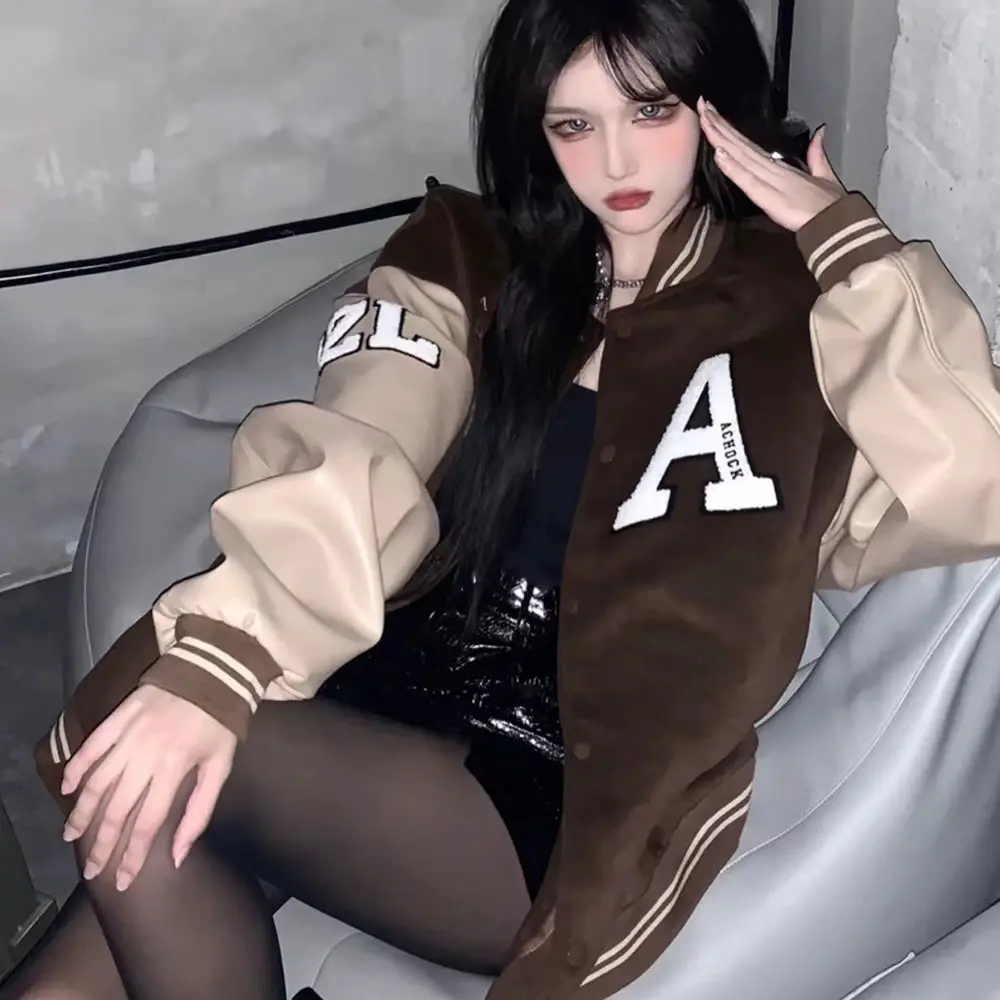 Retro Baseball Uniform Female Autumn and Winter All-match Vintage Harajuku Stitching PU Leather Sleeve Jacket Loose Jacket 2022
