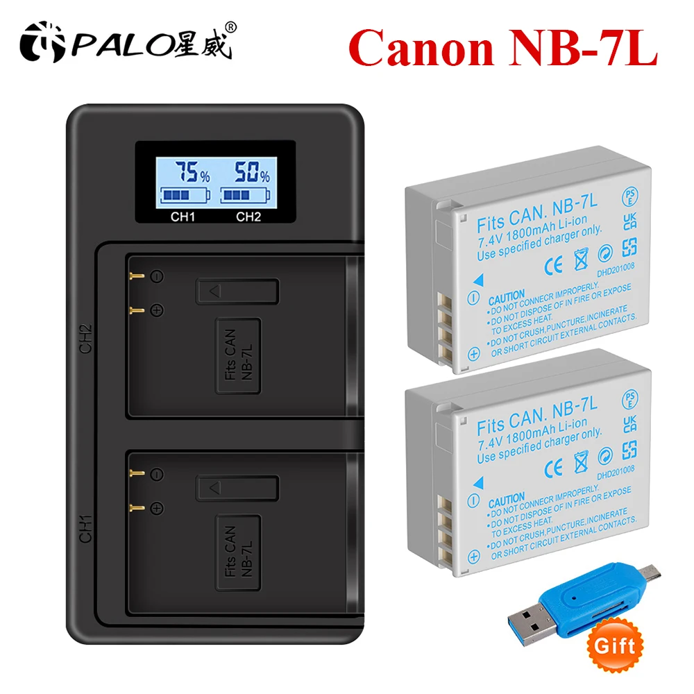Palo Canon Nb-7L Nb 7 Nb 7L Batteria 100% Capacità 1800Mah + Lcd Usb Doppio Caricatore Per Fotocamere Canon Powershot G10 G11 G12 Sx30Is