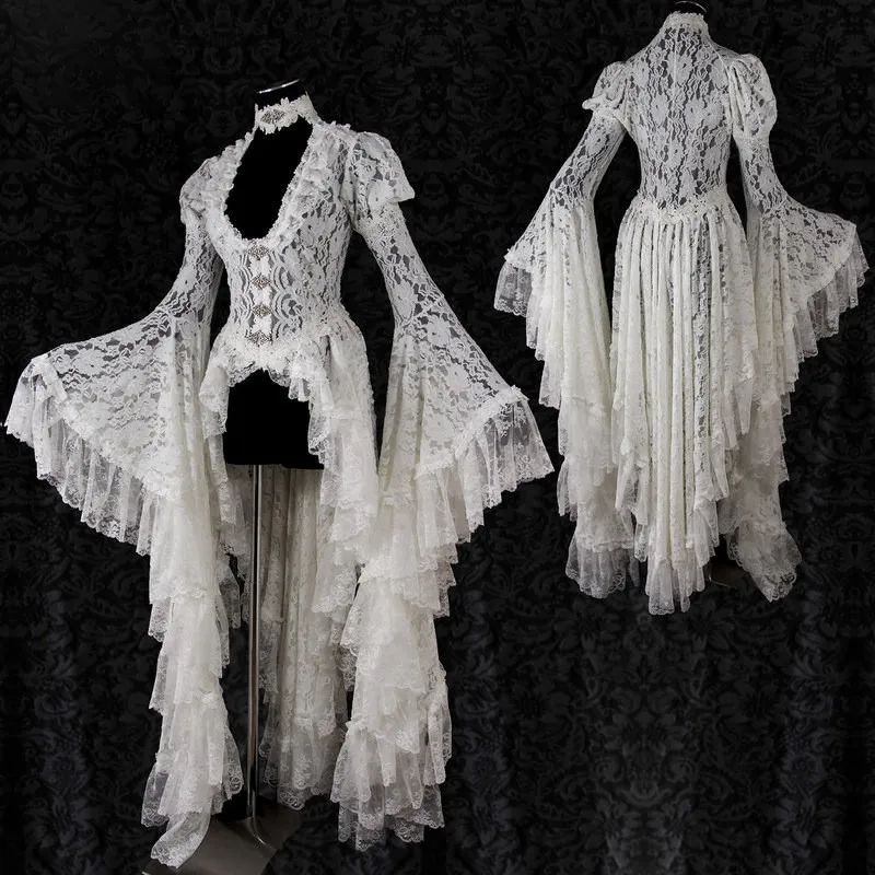 

Women Retro Vintage Solid Lace Medieval Cardigan Cosplay White Lace Elegant Long Tail Pleated Victorian Outwear Ball Gown
