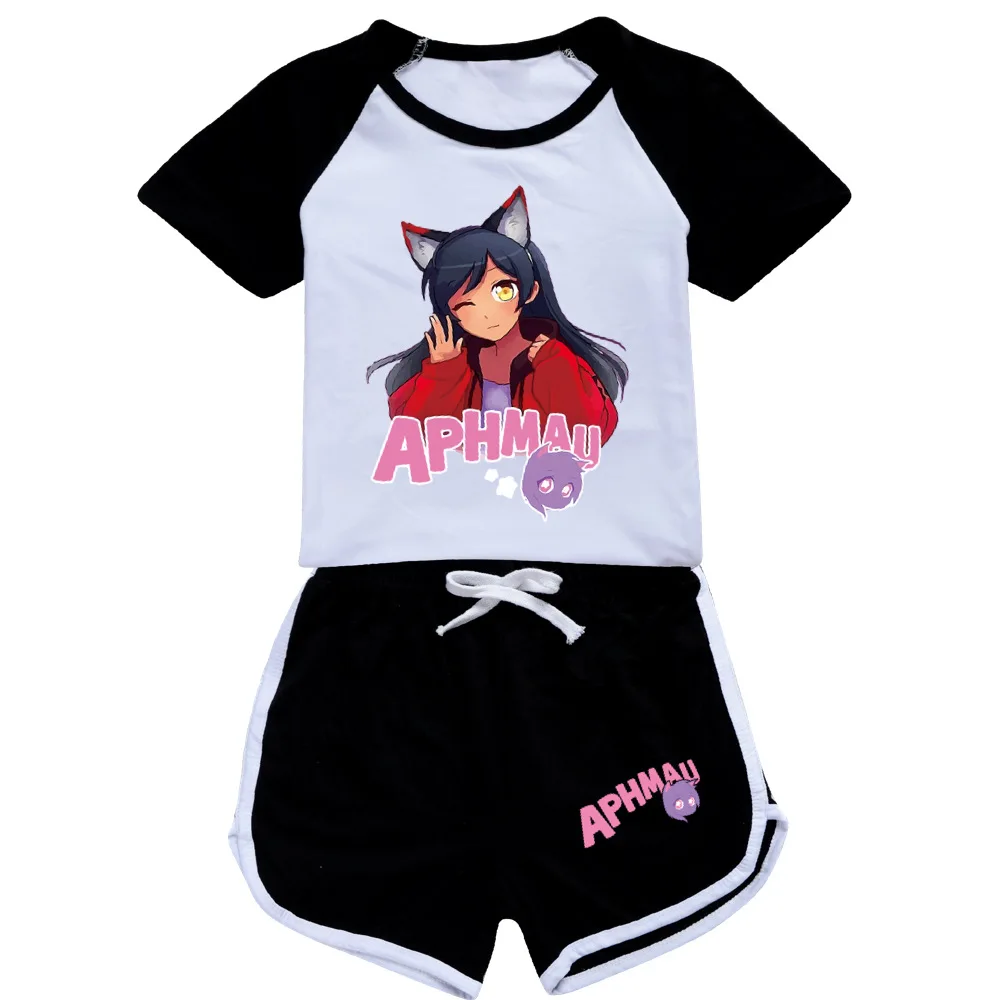 Anime Aphmau Cat Clothes Kids Summer Short Sleeve Tops Shorts 2pcs Sets Baby Girls Cartoon Tshirt Teenager Boys Causal Sportsuit