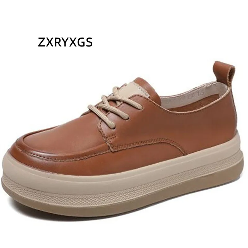 

ZXRYXGS 2023 Spring Lace-up Genuine Leather Shoes Flat Platform Shoes Woman Heightening Shoes Casual Sneakers Retro Tide Shoes