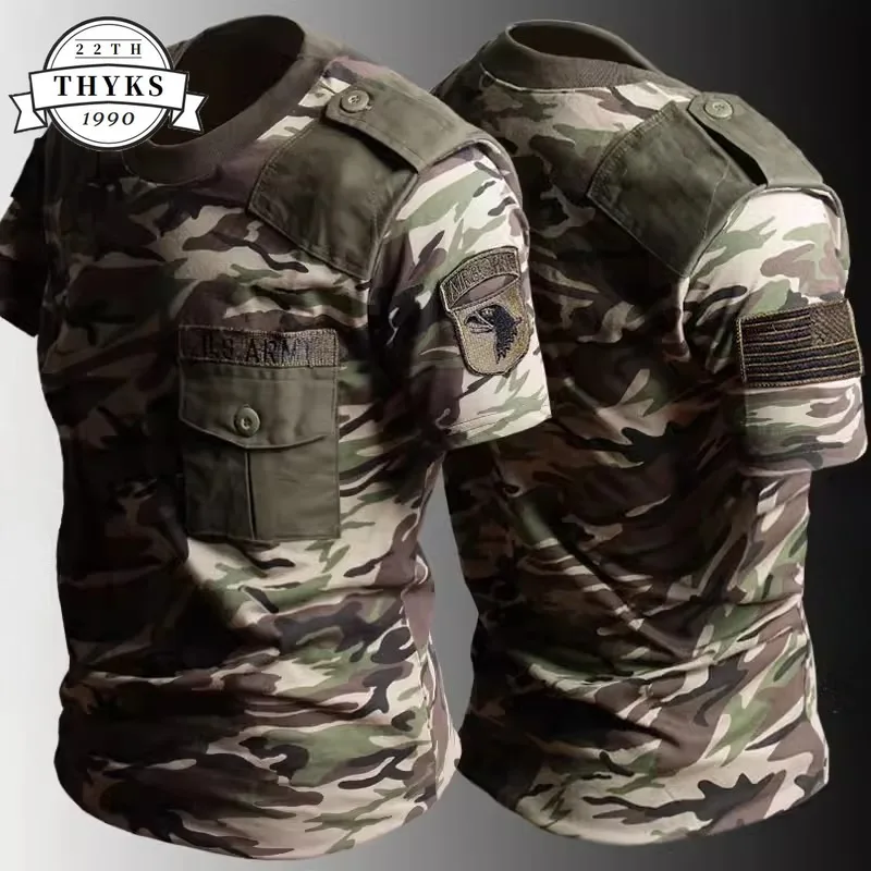 

Embroidery Camo T-shirts Men Cotton Thin Cool Wear-resistant Combat Tops Outdoor Army Tactical Training Short Sleeve Tees Summer