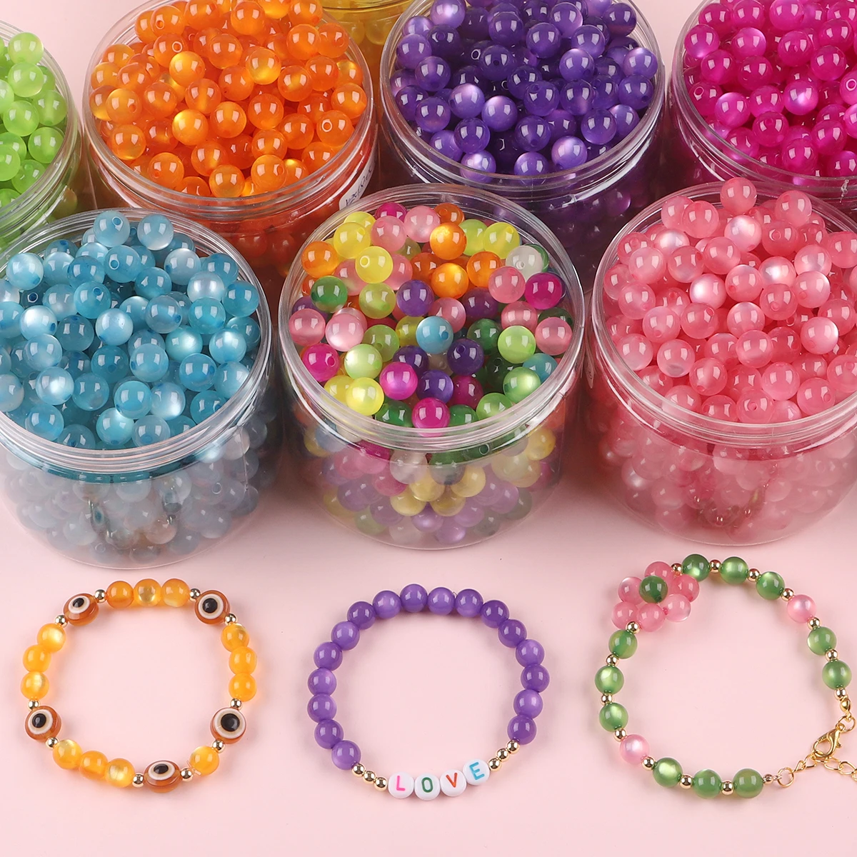 50 Stück Harzimitat-Katzenaugen-Rundperlen, farbige lose Perlen mit geradem Loch, handgefertigte DIY-Perlenohrringe, Accessoires, Klammer – Detail 2