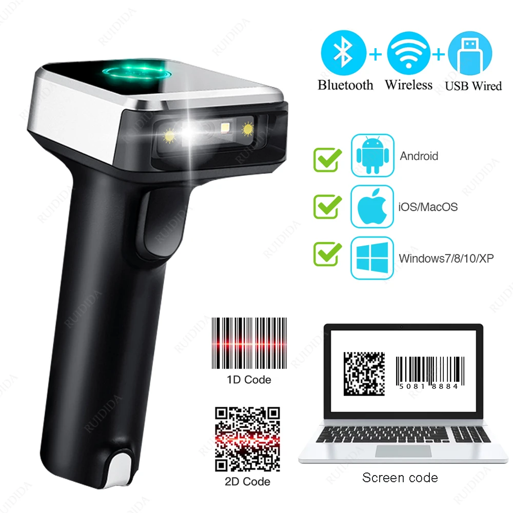 Wireless qr Scanner 2d Bluetooth Barcode Reader Handheld Portable code Scanner 1d Bar code Reading for qr code Data matrix code wireless scanner