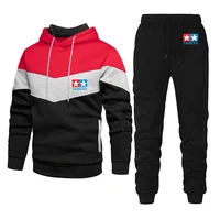2024 Spring Autumn Men's TAMIYA Legendary 90 Car Toy Classic Printed Patchwork Striped Hoodies+Solid Color Casual Sweatpants Set 2