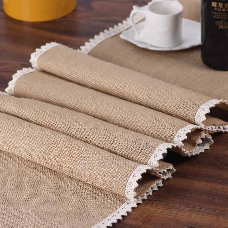 

Linen Lace Table Runner Natural Jute Splicing Bohemian Style Tablecloth with Tassels Dining Wedding Home Table Decoration