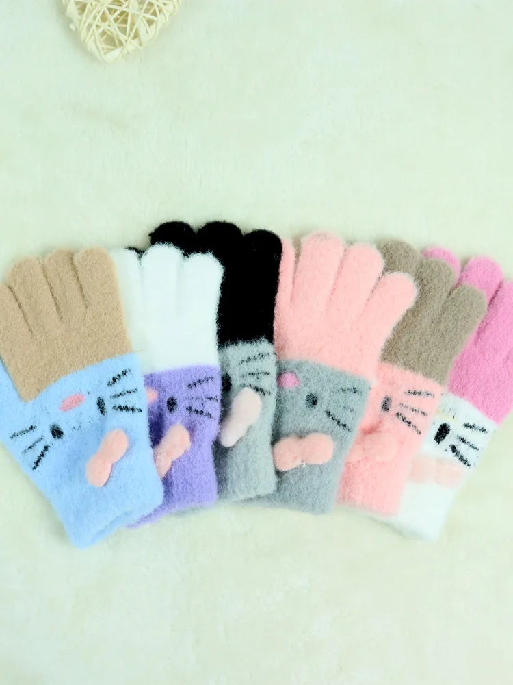 Winter Warm Woolen Gloves for 4-10 Years Old Cute Cartoon Cat Fingers Children's Color Block Gloves children gloves