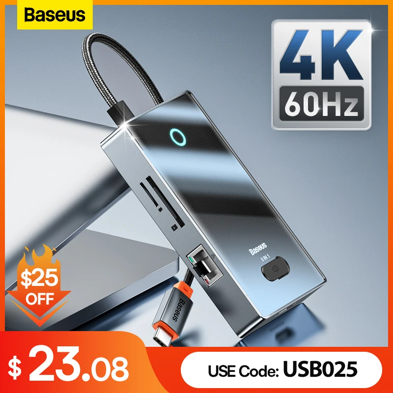  Baseus USB C Hub 4K@60Hz HDMI-Compatible with 2USB3.0+USB-C+USB2.0+Internet Port &SD+TF Card Reader for MacBook & USB-C Laptops 