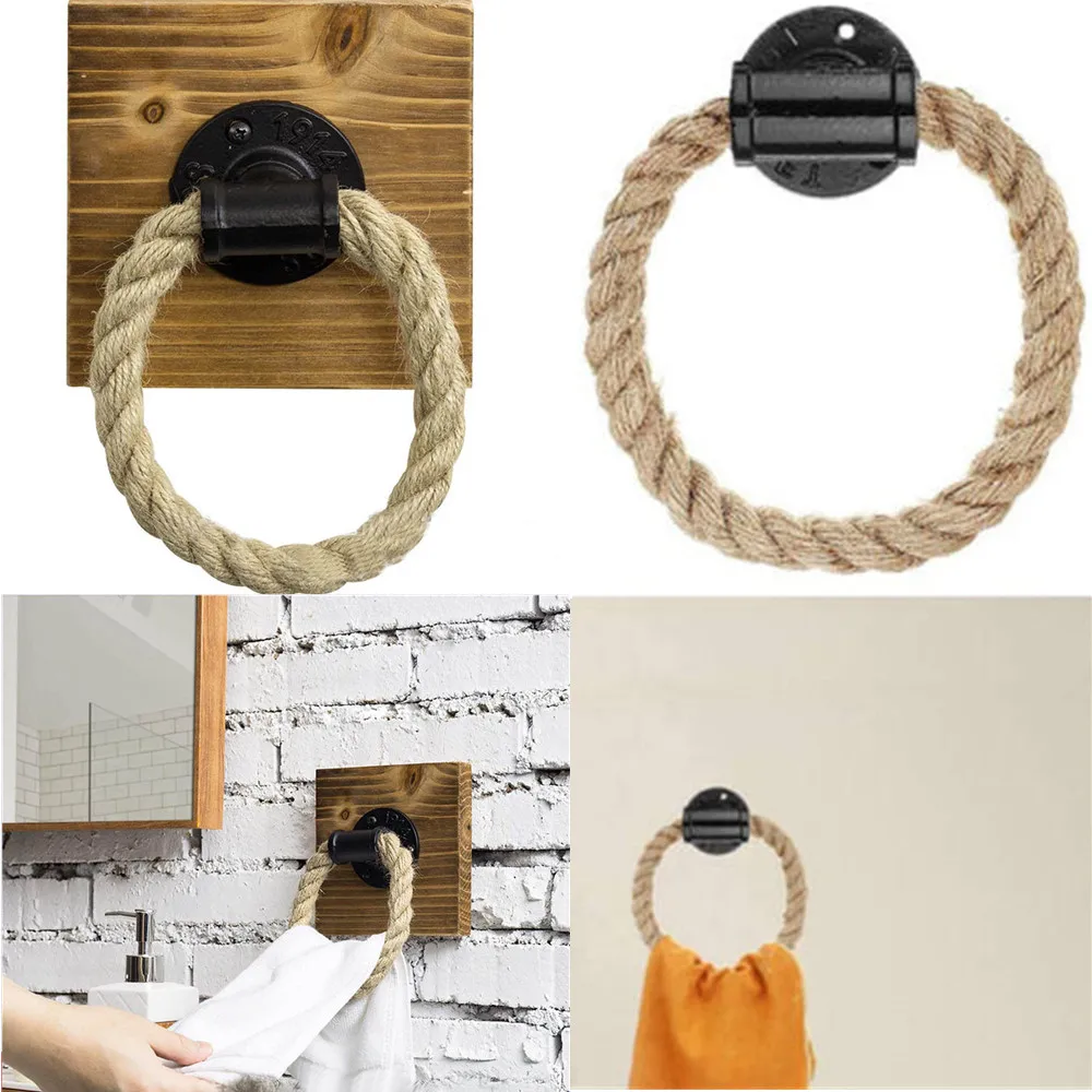 1pc Retro Industrial Style Pipe Rope Ring Hemp Wall-Mounted Rustic Towel Holder Rack Ring Home Hotel Bathroom Decor Accessories