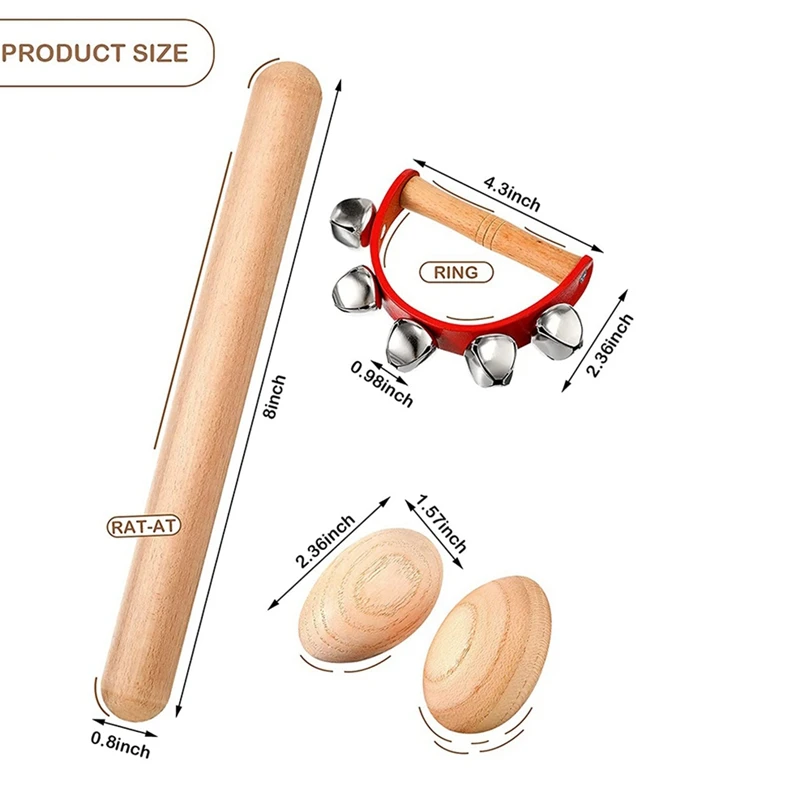 Musical Percussion Instrument Set,Rhythm Sticks + Wood Egg Shakers + Tambourine Jingles Bell,for Christmas Kids Party