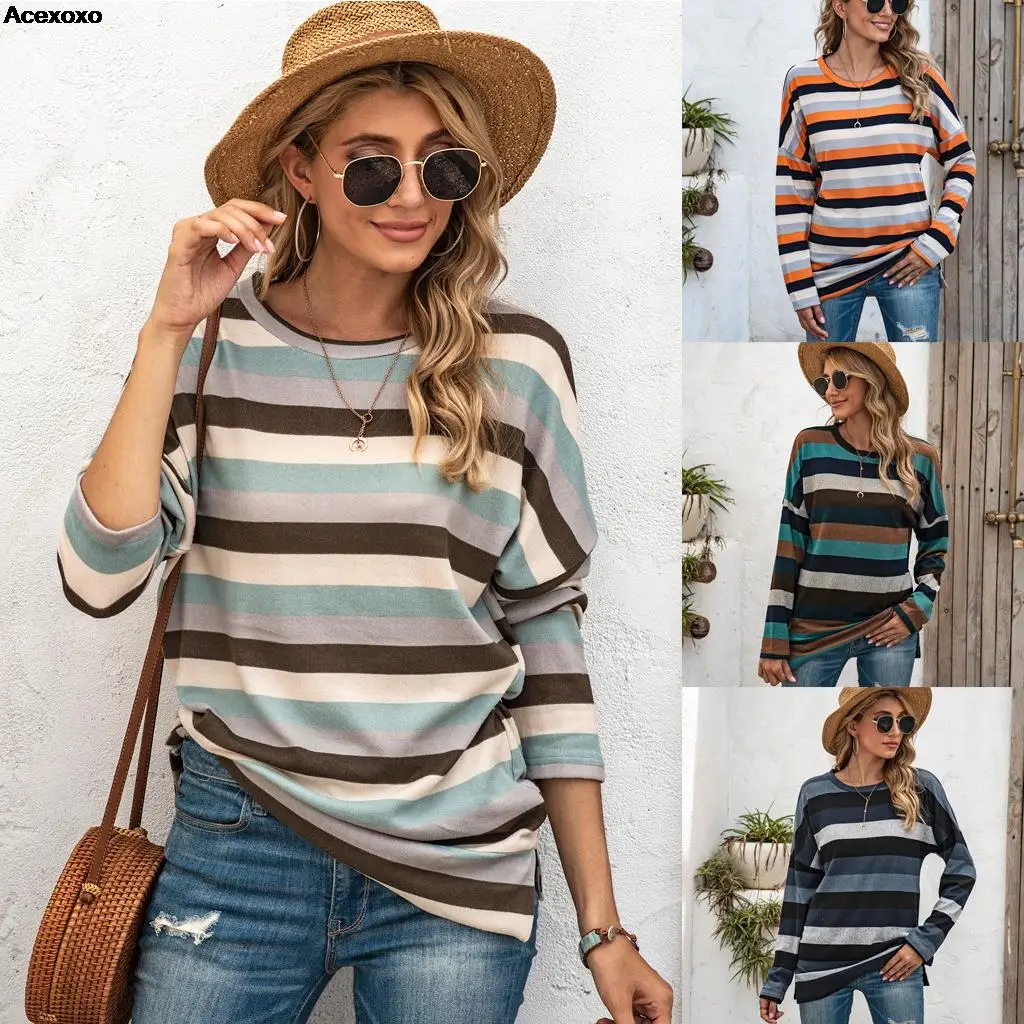 

Autumn and winter striped crew neck all matching sweaters