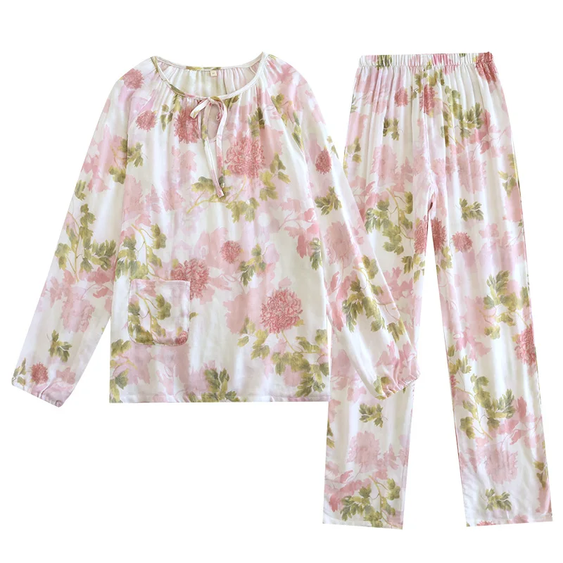 Spring Bamboo Fiber Long Sleeved Pants Pajama Set Women's Round Neck Loose and Comfortable Peony Home Clothing Two-piece Set