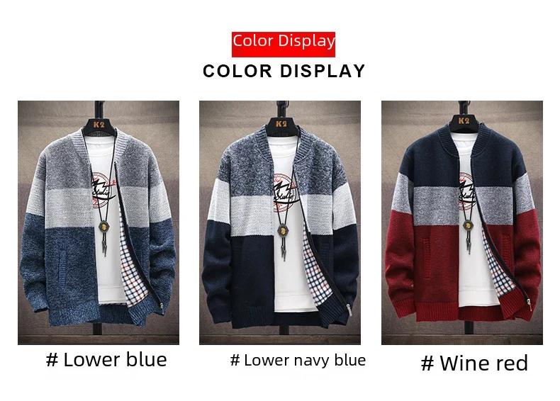 Description Picture 5 of itemAmazon Men's Stand Collar Color Block Fleece-lined Thickened Sweater Knitted Top Casual Cardigan Jacket Japanese Style