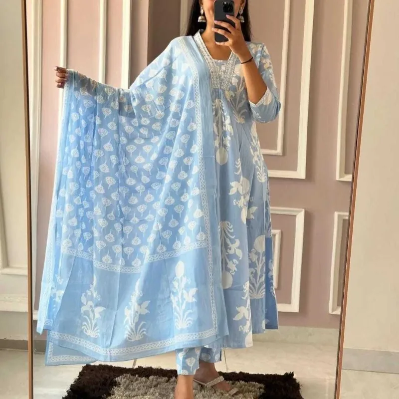 Salwar Suit Wedding Birthday Partywear Cotton Printed Kurti Palazzo Dupatta Set