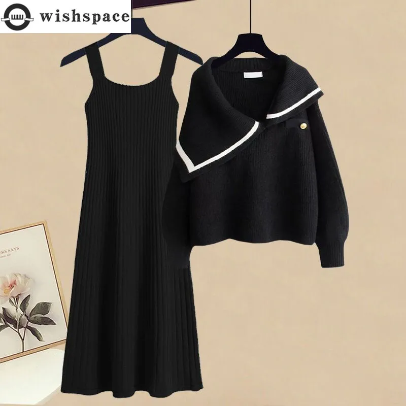

Autumn and Winter Set Women's 2023 New Korean Edition Fashionable Loose Knitted Sweater Women's Slimming Dress Two Piece Set