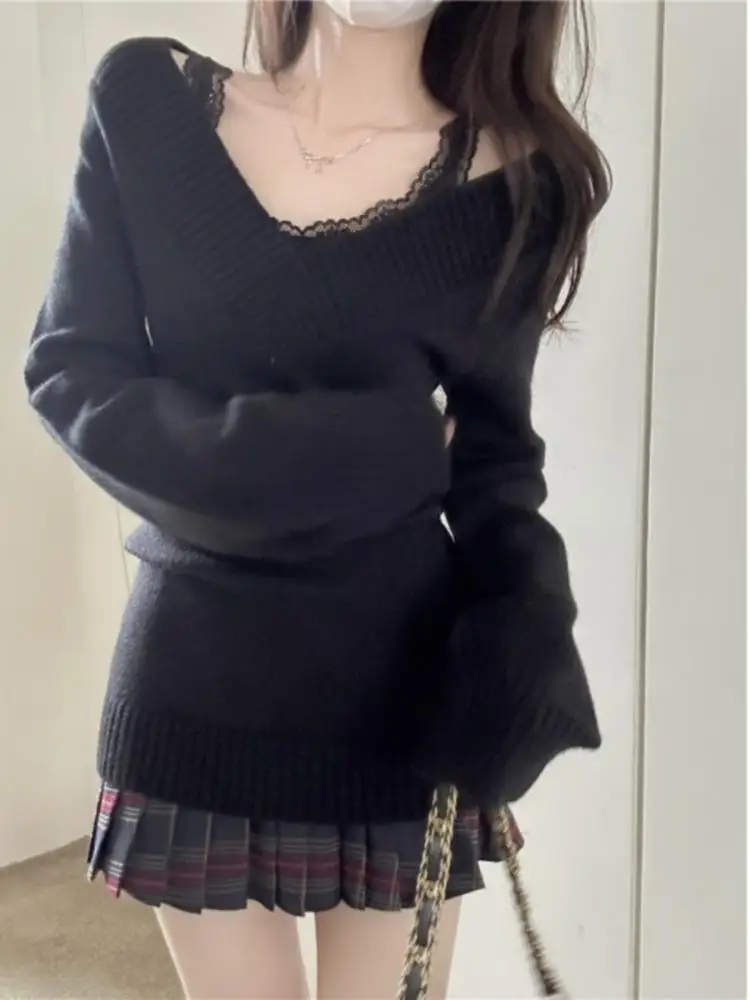 Women Retro V-Neck Slim Fit Long Sleeve Knitted Sweater Summer Soft Versatile Overhead Top Ins Commute Casual Wear 2