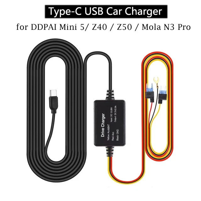 for DDPAI Mini 5 12/24V Type-C USB Car Charger Hard Wire Hardwire Kit  for DDPAI Mini 5/ Z40 / Z50 / N1/ Mola N3 Pro Dash Cam